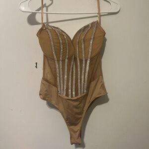 Fashion Nova Nude Bodysuit with Silver Detailing